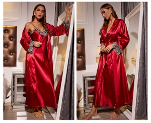 Detailed macro view of dark red satin sleepwear set with exquisite grey lace embroidery trim