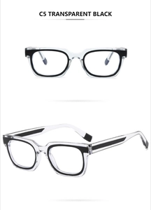Dual-view close-up of C5 transparent black glasses frame with detailed metal hinges