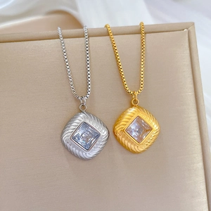 Minimalist titanium steel necklaces with square zircon pendants in gold and silver finish