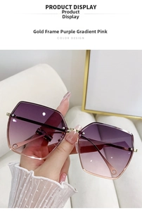 Detail view of square gold frame sunglasses with purple pink gradient lenses and rivets