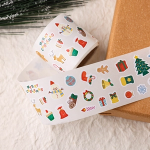 Close-up of Merry Christmas roll stickers featuring cute snowman and reindeer patterns