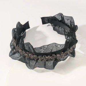 Fashionable black mesh pleated headband with rhinestones for high cranial top effect