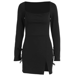 Slim fit black long sleeve dress with square neck, side slit and lace-up cuffs