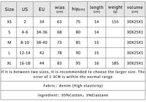 Guide des tailles détaillé pour short en jean taille haute avec mesures US, EU et en CM