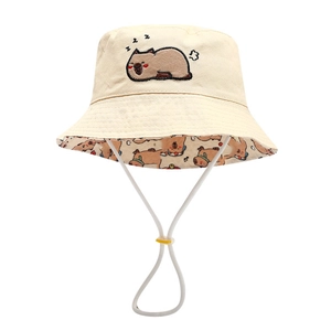 Kids beige cotton bucket hat with cute cartoon capybara embroidery and windproof rope