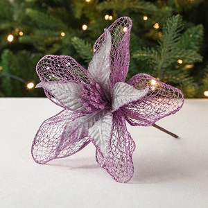 23cm purple and silver mesh Christmas flower with glitter for DIY holiday decorations