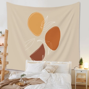 Minimalist abstract tapestry with warm geometric shapes and leaf lines for home decor