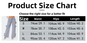 Detailed size chart for women's loose bow cargo jeans including waist and hip measurements