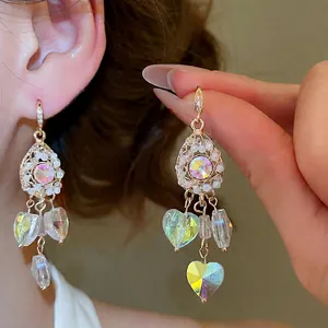 Heart Crystal Dangle Earrings For Women Alloy Rainbow Iridescent Water Drop Tassel With Silver Earring Post