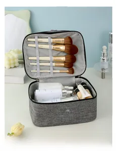 Detail of grey waterproof toiletry bag with dedicated makeup brush slots and dual layer