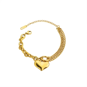 Gold vintage heart bracelet with asymmetric stainless steel chain and lobster clasp