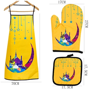 Yellow kitchen set with apron, heat glove and pad featuring mosque and crescent moon