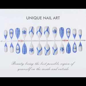 Detailed set of 24 almond nails with blue floral patterns, plaid, and gold bead accents