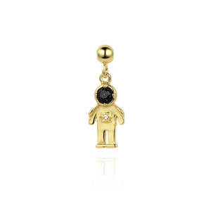 Detailed view of a gold astronaut pendant with blue stone and clear zircon accents
