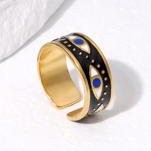 Gold plated stainless steel open ring featuring colorful enamel evil eye patterns