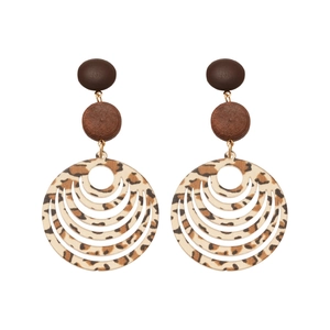 Bohemian leopard print resin hoop earrings with brown wooden bead accents