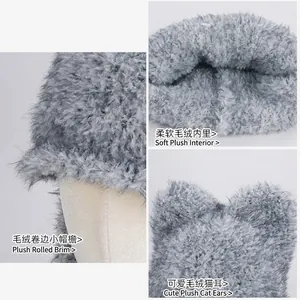 Winter faux fur beanie with cat ears and thermal lining for outdoor skiing protection