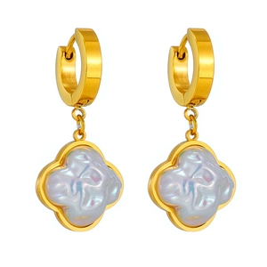 Golden clover earrings with iridescent pearl inlay on a minimalist stainless steel chain