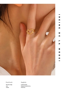 On-finger view of a vintage hollow heart ring in gold-plated stainless steel