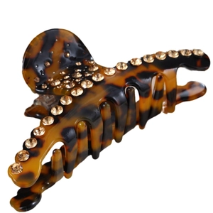Leopard print hair claw clip with rhinestones and amber resin for women fashion
