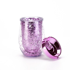 10oz double wall egg-shaped tumbler with purple sequins and matching slider lid