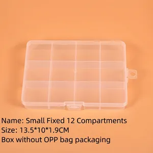 Detailed top view of a 12-compartment clear plastic storage box, size 13.5x10x1.9cm