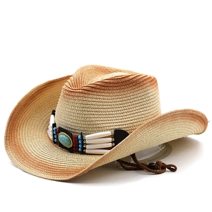 Vintage western cowboy straw sun hat with ethnic bead band and adjustable chin strap