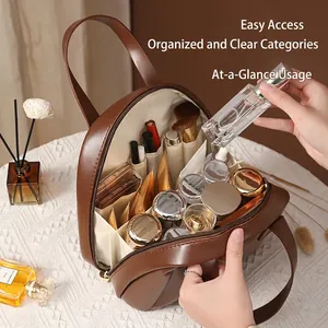 Brown PU leather shell makeup bag with large capacity and multi-layer storage