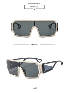 Detailed front and side views of beige square hollow frame sunglasses with gray lenses
