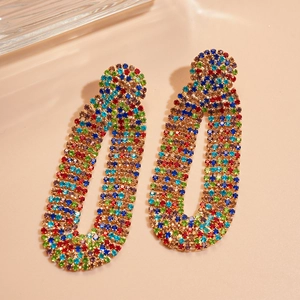 Elegant geometric earrings with multi-colored crystals and long oval ring design