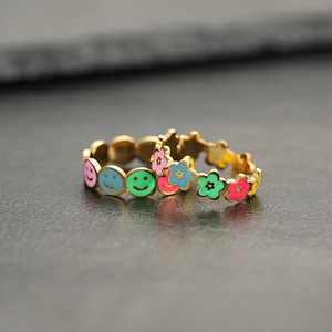 Colorful smiley face and floral pattern adjustable stainless steel rings set for women
