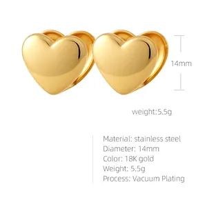 Macro detail of 14mm heart hoop earrings in 18K gold plated stainless steel