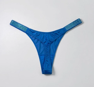 Close-up of blue satin thong featuring luxury rhinestone side straps and smooth texture