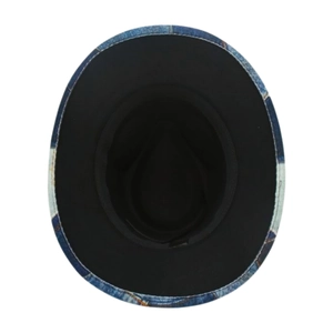 Detail view of the interior blue denim sun hat showing black sweatband and stitching