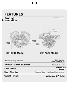 Detailed size specifications for S925 sterling silver pearl flower open rings