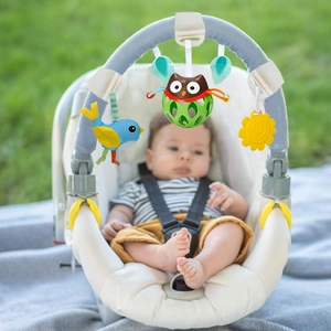 Baby stroller activity arch with colorful hanging owl, bird and sun toys for sensory play