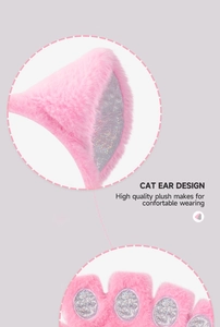 Close-up of pink cat ears and paws made of premium faux fur with CAT EAR DESIGN text