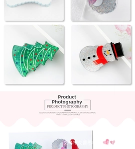 Detail of Christmas hair claws featuring sparkling Santa Claus and glittery tree shapes