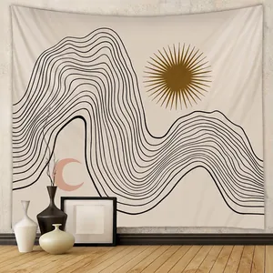 Abstrakter Wandteppich Sonne Mond Berg Wandbehang Polyester Minimalistische Linienkunst Boho Heimdekor Schlafzimmer Wohnzimmer