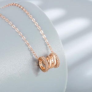S925 Sterling Silver rose gold interlocking triple ring necklace with micro-pave zircons
