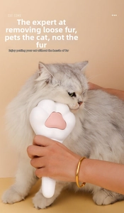 Gros plan d'une brosse patte de chat rose retirant les poils d'un chat à poils longs