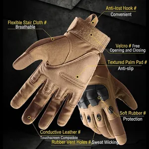 Tactical full finger touch screen gloves with rubber shell protection in sand khaki color