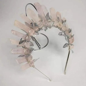 Pink crystal quartz crown headpiece with silver leaves and metallic wire wrap