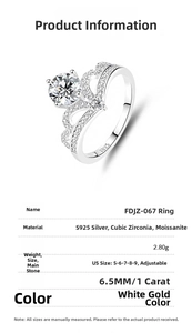 Detailed spec sheet for S925 sterling silver crown moissanite ring with sizing and 1ct weight