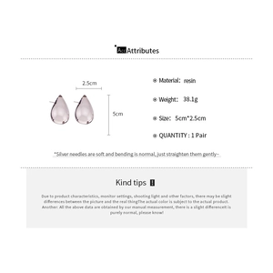 Detailed dimensions and specifications for resin waterdrop stud earrings in pink