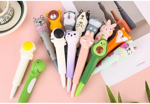 Close-up of cute cartoon squeeze pens with slow rebound squishy stress relief grips
