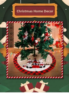 Close-up of embroidered Santa and Snowman motifs on red buffalo check Christmas tree skirt