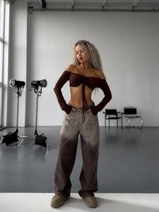 Jean Femme Taille Haute Dégradé En Denim De Coton Délavé Avec Jambe Large Style Rétro Streetwear Marron