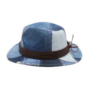 Cappello fedora per bambini stile British con stampa denim e fascia in pelle borchiata
