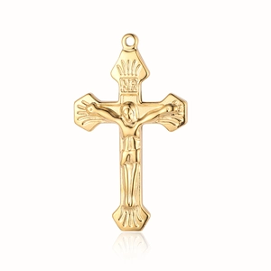 Detailed view of a gold stainless steel crucifix pendant with embossed Jesus figure